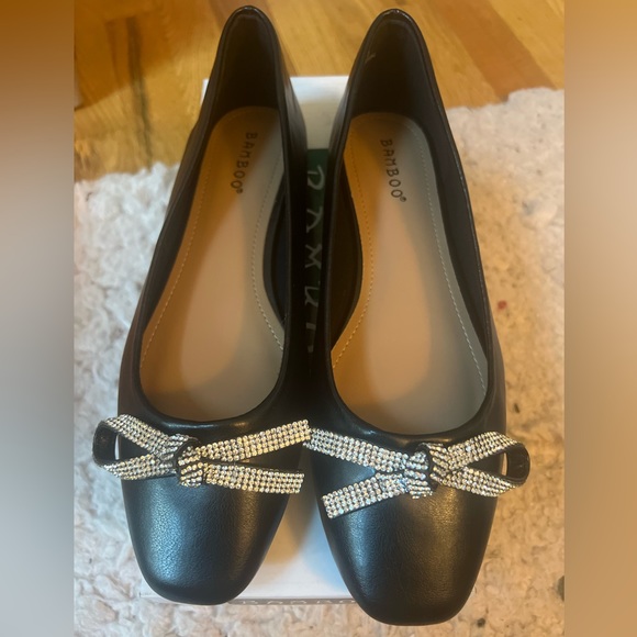 Unique Vintage Bamboo Black & Silver Rhinestone Bow Ballerina Flats - Picture 2 of 5